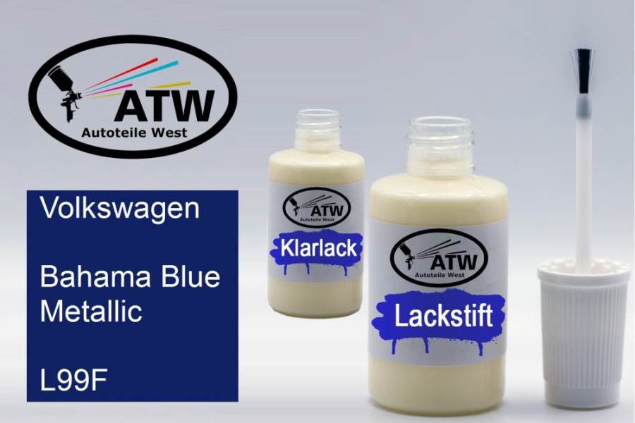 Volkswagen, Bahama Blue Metallic, L99F: 20ml Lackstift + 20ml Klarlack - Set, von ATW Autoteile West.